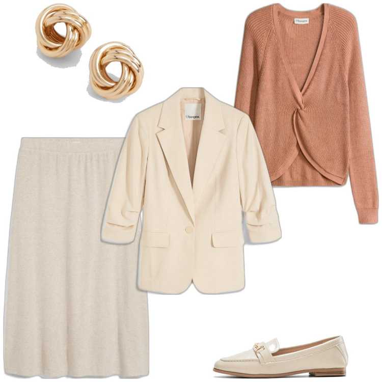 Outfit femme - Décembre en beige. Style Bon Ton pour Bureau. Assortir avec mocassins, blazers, pulls, jupes au genou, boucles d'oreilles.