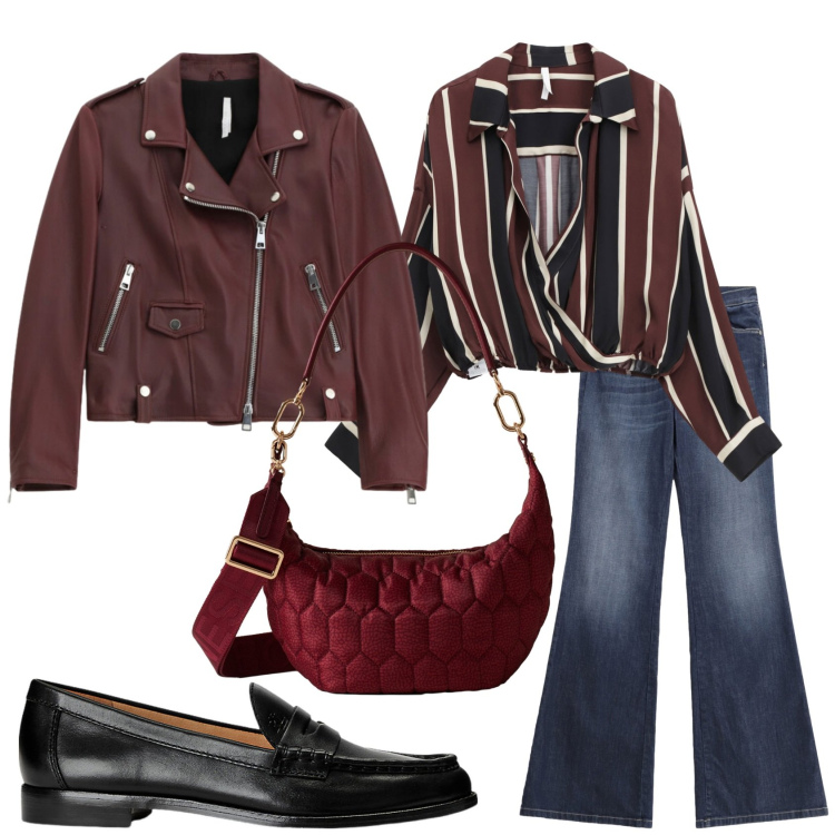 Outfit donna - Total look #2298921. Stile Casual chic per Tutti i giorni. Abbinamento con jeans a zampa, camicie, giacche, borse a spalla, mocassini.