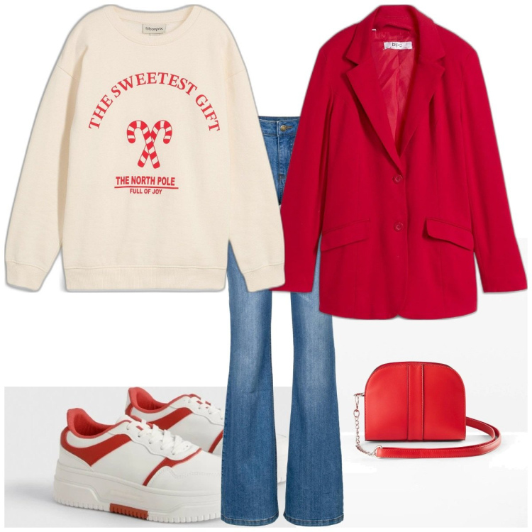 Outfit femme - Le pull de Noël au bureau. Style Tendance pour Bureau. Assortir avec robes longues, sacs en bandoulière, blazers, jean bootcut, sneakers.