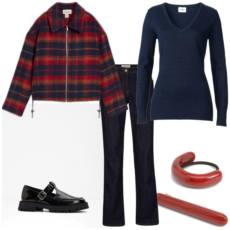 Outfit femme - Veste Tartan pour Noël. Style Tendance pour Soirée dehors. Assortir avec jean coupe droite, blazers, mocassins, pulls, accessoires pour cheveux.