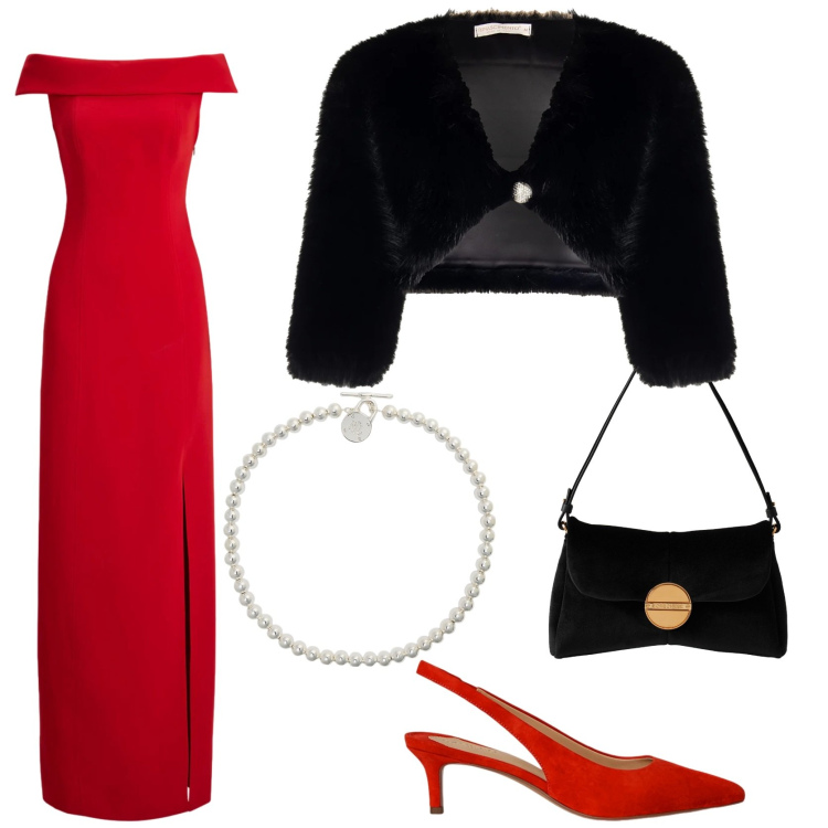 Outfit donna - Holiday party. Stile Glamour per Serata fuori. Abbinamento con bolero, borse a tracolla, vestiti lunghi, collane, décolleté.