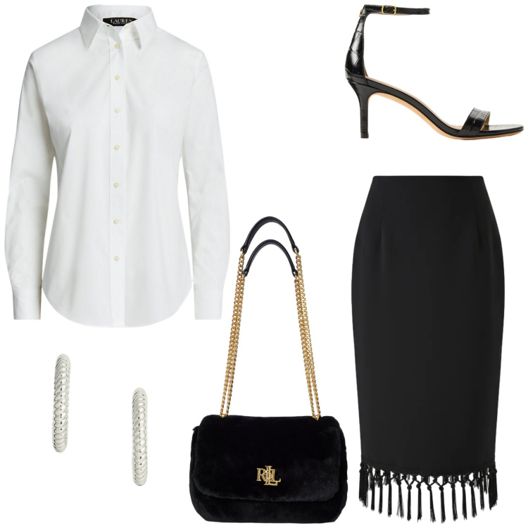 Outfit donna - Holiday party. Stile Chic per Serata fuori. Abbinamento con gonne longuette, camicie, borse a spalla, orecchini, sandali in pelle.