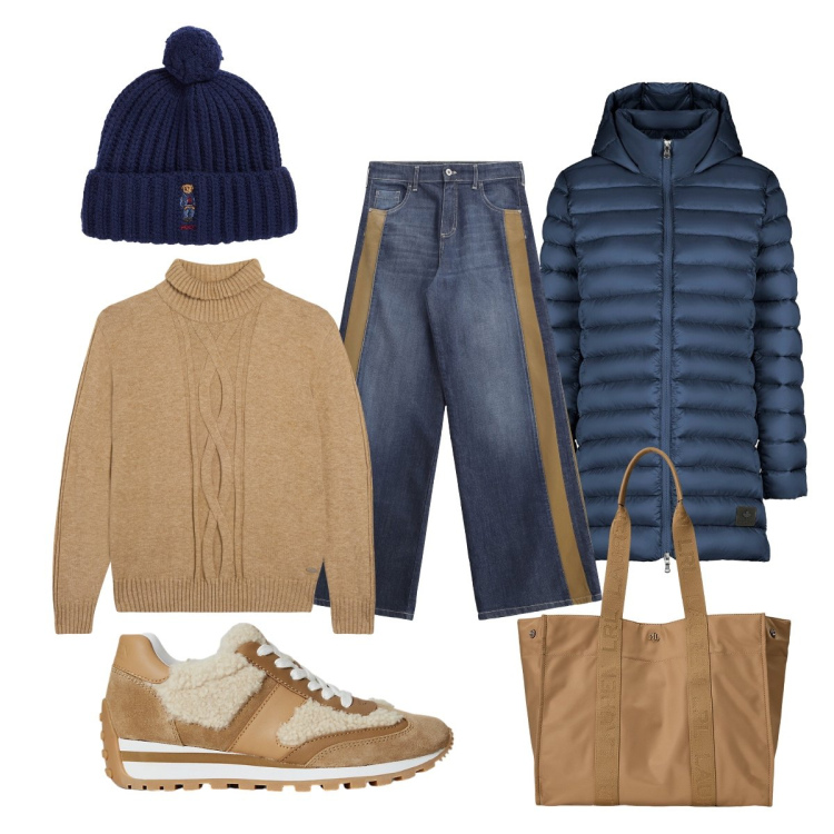 Outfit donna - Sto calda!. Stile Casual chic per Tutti i giorni. Abbinamento con jeans a zampa, maglieria, sneakers, borse tote, berretti, piumini.