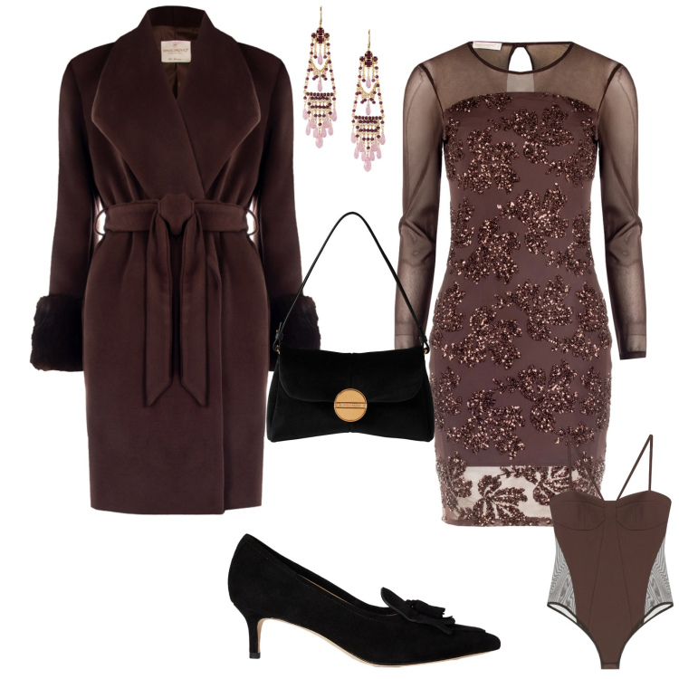 Outfit donna - Bon ton serata evento speciale. Stile Bon Ton per Serata fuori. Abbinamento con cappotti, vestiti a tubino, body, borse a tracolla, décolleté, orecchini.