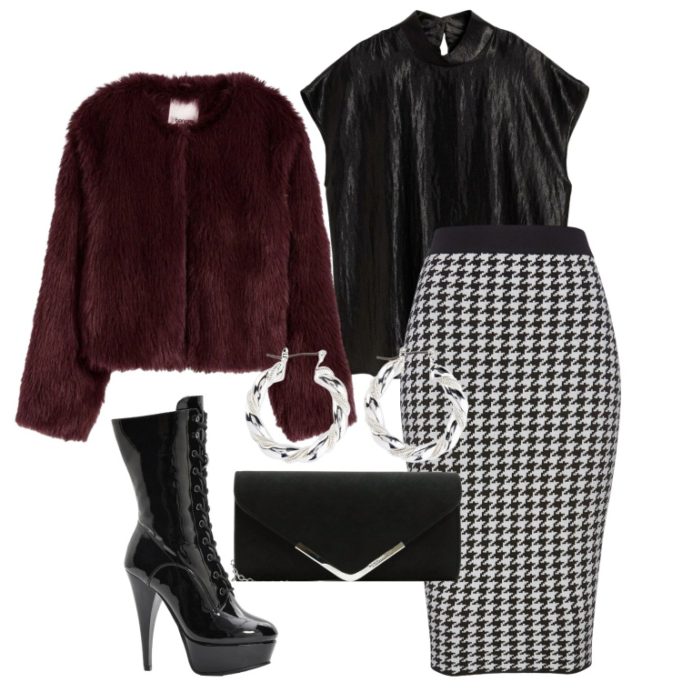 Outfit donna - Tempo di feste. Stile Chic per Serata fuori. Abbinamento con gonne, ecopellicce, top, stivaletti, orecchini, pochette.