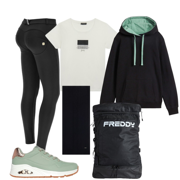 Outfit donna - In palestra con Freddy. Stile Casual chic per Sport. Abbinamento con felpe con cappuccio, sciarpe, zaini, t-shirt, pantaloni skinny, sneakers.