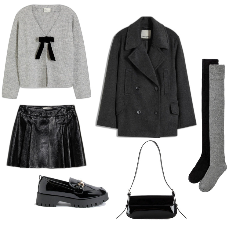 Outfit femme - Preppy Grey. Style Preppy pour Tous les jours. Assortir avec pulls, minijupes, socquettes, caban, sacs à main, mocassins.