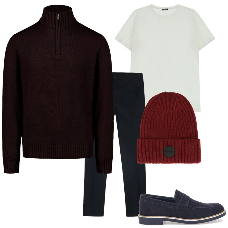 Outfit uomo - Maglia con la zip. Stile Business/Elegante per Serata speciale. Abbinamento con t-shirt, berretti, maglieria, scarpe stringate, pantaloni.