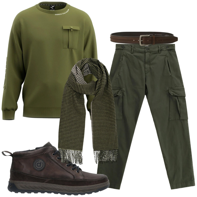 Outfit uomo - Total look #2298959. Stile Casual per Tutti i giorni. Abbinamento con pantaloni cargo, cinture, sciarpe, felpe, sneakers.