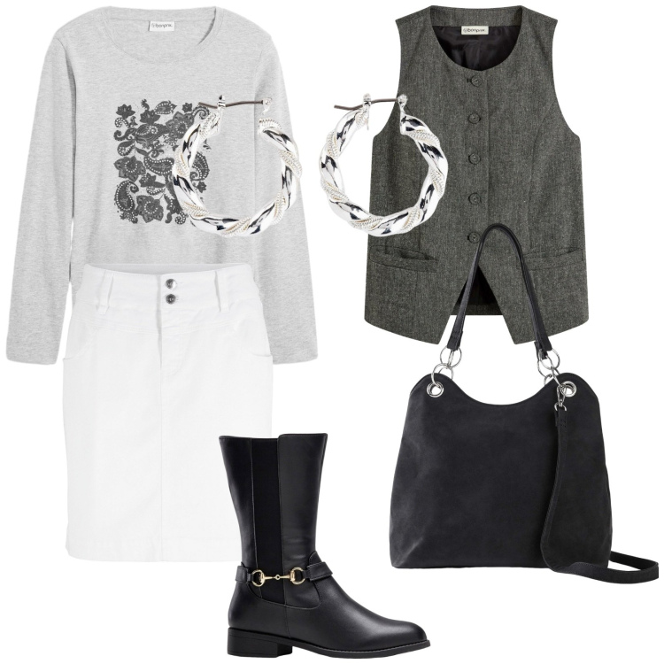 Outfit donna - Bonprix buon prezzo. Stile Trendy per Tutti i giorni. Abbinamento con gilet, minigonne, stivali, orecchini, borse a mano, maglieria.