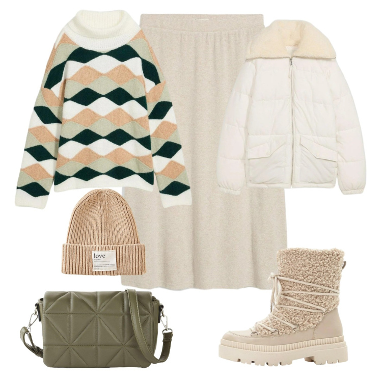 Outfit donna - Cozy-chic a natale!. Stile Casual chic per Tutti i giorni. Abbinamento con maglieria, giacche, gonne longuette, borse a tracolla, berretti, stivali da neve.