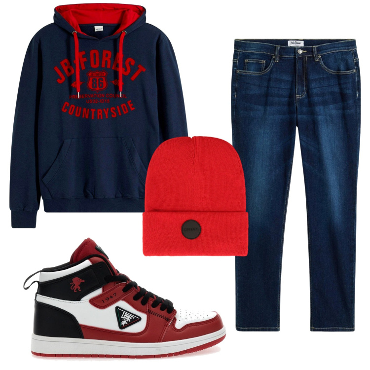 Outfit uomo - Total look #2298963. Stile Urban per Tutti i giorni. Abbinamento con jeans, felpe con cappuccio, berretti, sneakers.