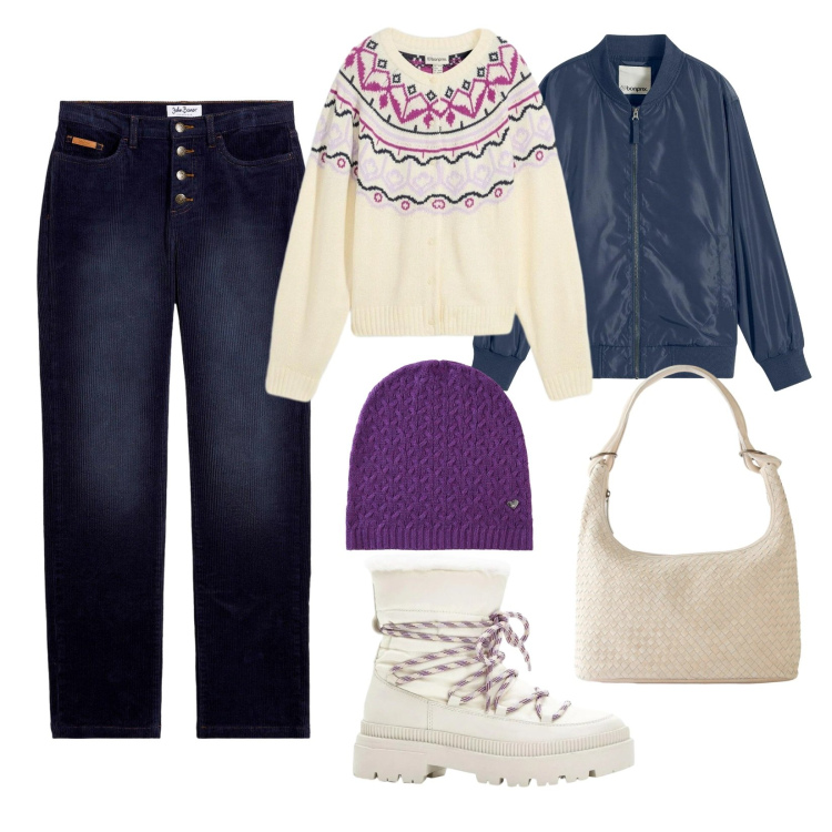 Outfit donna - Christmas Mood!. Stile Casual per Tutti i giorni. Abbinamento con pantaloni, shopping bag, bomber, stivali da neve, cardigans, berretti.