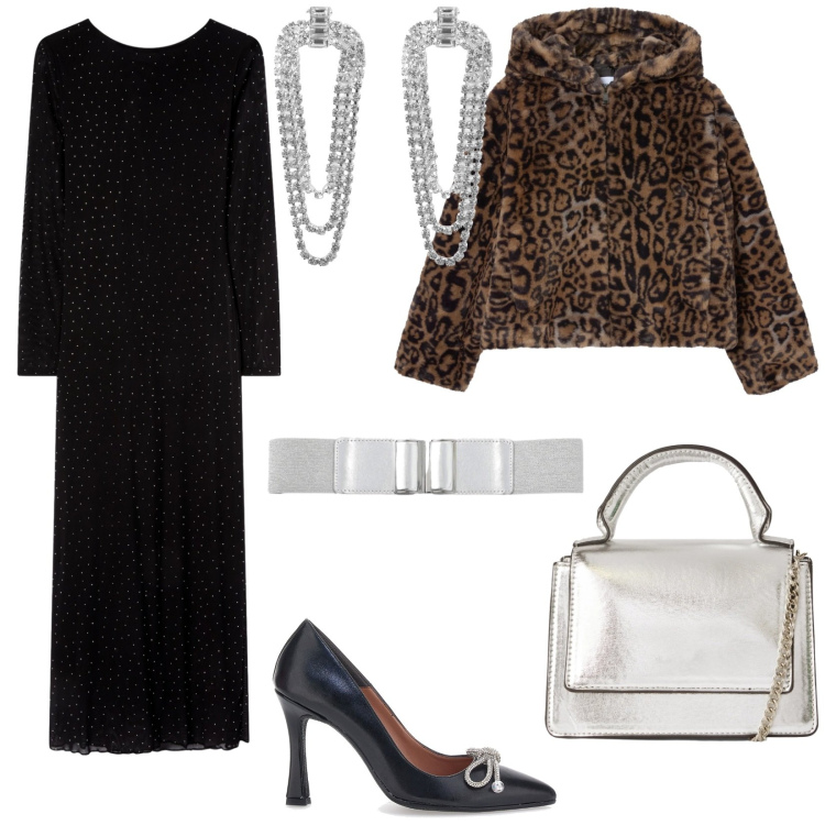 Outfit donna - Party glamour. Stile Glamour per Serata fuori. Abbinamento con vestiti lunghi, ecopellicce, cinture, orecchini, borse a tracolla, décolleté.