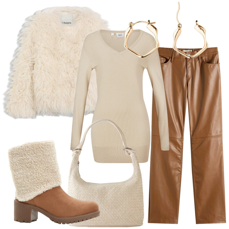 Outfit donna - L\'informale che ci piace. Stile Trendy per Serata fuori. Abbinamento con stivaletti, maglieria, ecopellicce, shopping bag, pantaloni, orecchini.