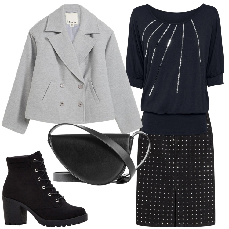 Outfit donna - Serata piena di luce. Stile Glamour per Serata fuori. Abbinamento con gonne longuette, caban, maglieria, stivaletti, borse a tracolla.