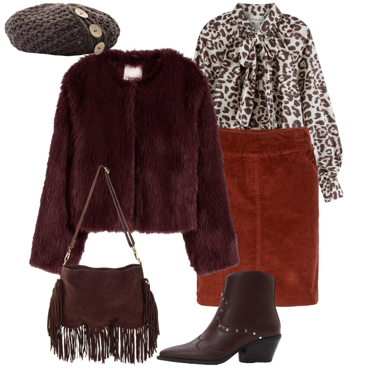 Outfit donna - Bordeaux e velluto. Stile Casual chic per Tutti i giorni. Abbinamento con ecopellicce, berretti, gonne, stivaletti texani, borse a tracolla, camicie.