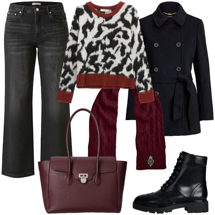 Outfit donna - Morbido maglione animalier. Stile Casual per Tutti i giorni. Abbinamento con pullovers, jeans, borse a mano, anfibi, sciarpe, cappotti.