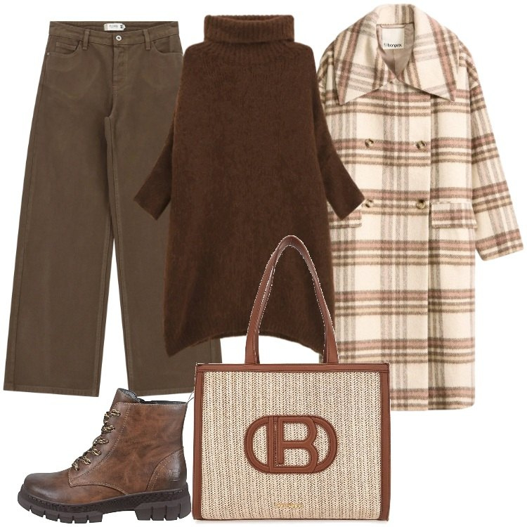 Outfit donna - Toni del marrone. Stile Casual per Tutti i giorni. Abbinamento con cappotti, pantaloni a palazzo, maglieria, anfibi, borse a spalla.
