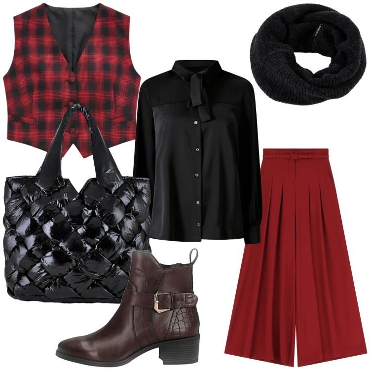 Outfit donna - Un outfit a quadretti scozzesi. Stile Minimal per Tutti i giorni. Abbinamento con camicie, gilet, pantaloni a palazzo, scaldacollo, borse tote, stivaletti.