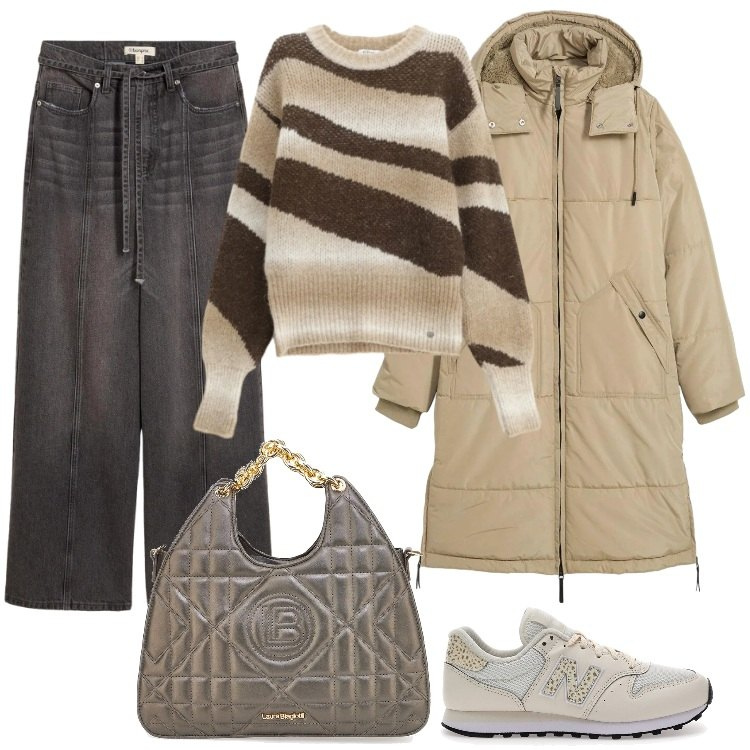Outfit donna - Il pullover a righe. Stile Casual chic per Tutti i giorni. Abbinamento con piumini, jeans, pullovers, sneakers, borse a mano.
