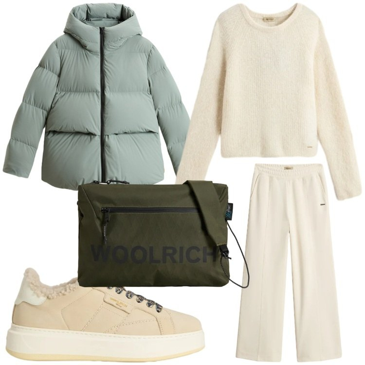 Outfit donna - Freddo. Stile Sporty chic per Tutti i giorni. Abbinamento con pantaloni, maglieria, borse a tracolla, sneakers, piumini.