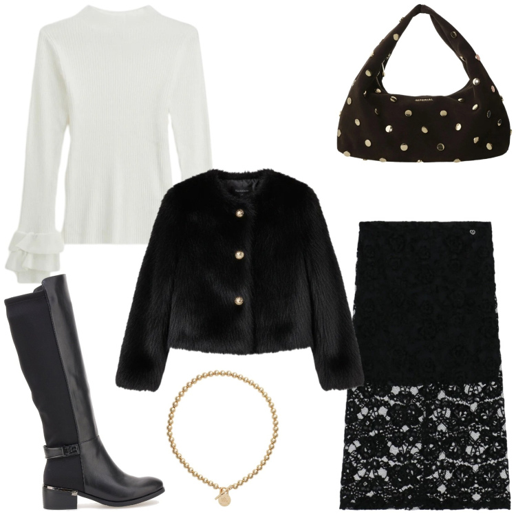 Outfit donna - Un Natale tra amici. Stile Glamour per Serata fuori. Abbinamento con gonne longuette, ecopellicce, borse a spalla, maglieria, collane, stivali.