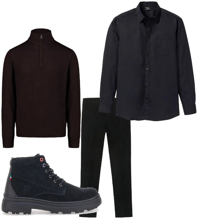Outfit uomo - Nero. Stile Casual per Tutti i giorni. Abbinamento con camicie, stivali e stivaletti, pantaloni chino, maglieria.