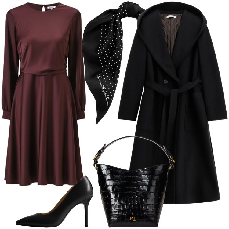 Outfit donna - Foulard nero di seta. Stile Chic per Serata fuori. Abbinamento con cappotti, vestiti midi/longuette, borse a secchiello, foulard, décolleté.