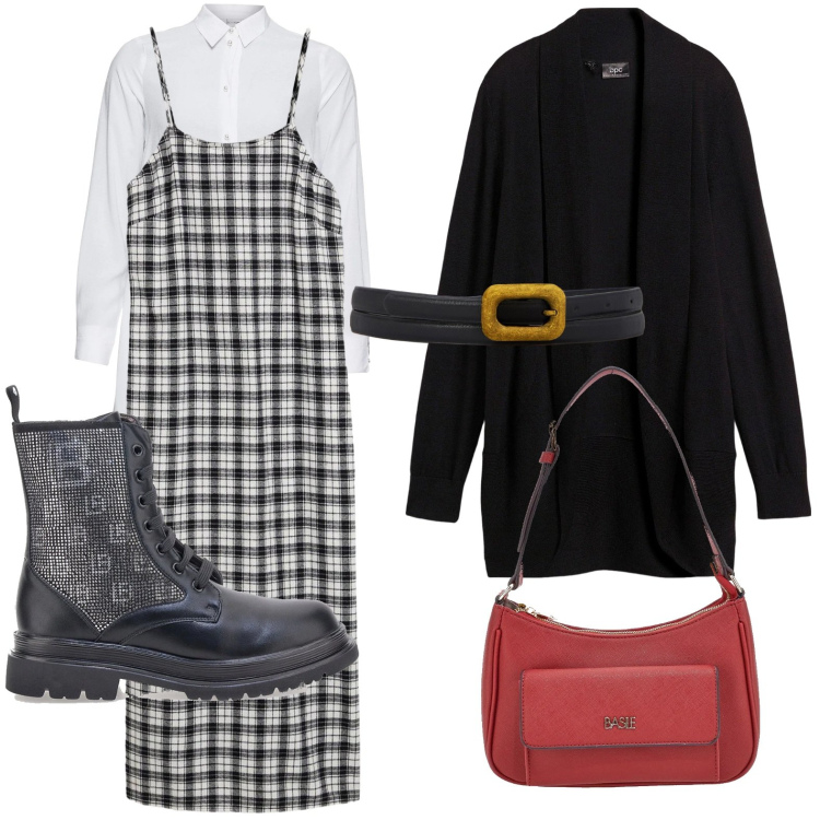 Outfit donna - Stratificazioni. Stile Glamour per Tutti i giorni. Abbinamento con camicie, cardigans, vestiti, anfibi, cinture, borse a spalla.