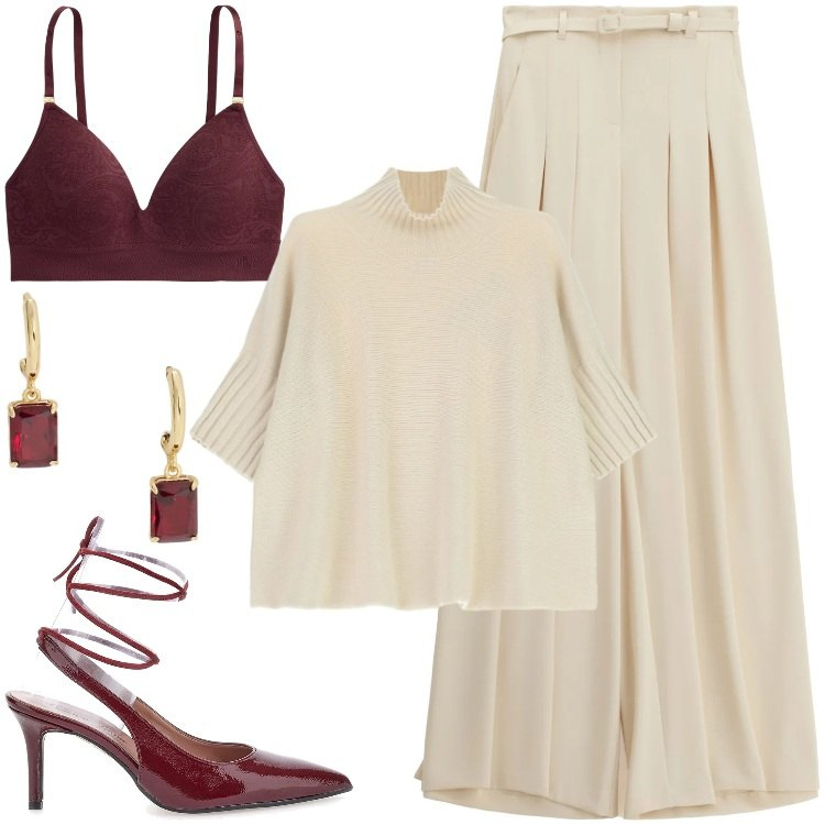 Outfit donna - Una Cena Elegante. Stile Chic per Serata fuori. Abbinamento con pantaloni a palazzo, maglieria, reggiseni, orecchini, décolleté.