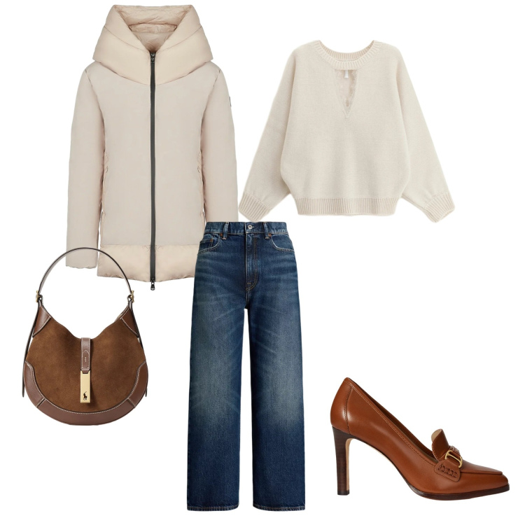 Outfit donna - Jeans e color panna. Stile Casual chic per Tutti i giorni. Abbinamento con maglieria, jeans, borse a spalla, décolleté, piumini.