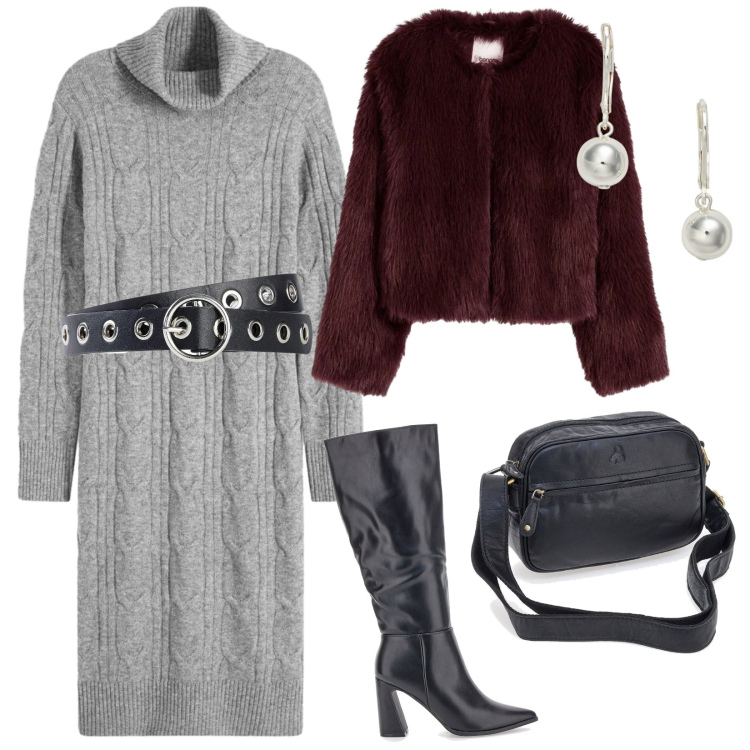 Outfit donna - Vestito di lana. per Tutti i giorni. Abbinamento con vestiti, ecopellicce, cinture, orecchini, stivali, borse a tracolla.