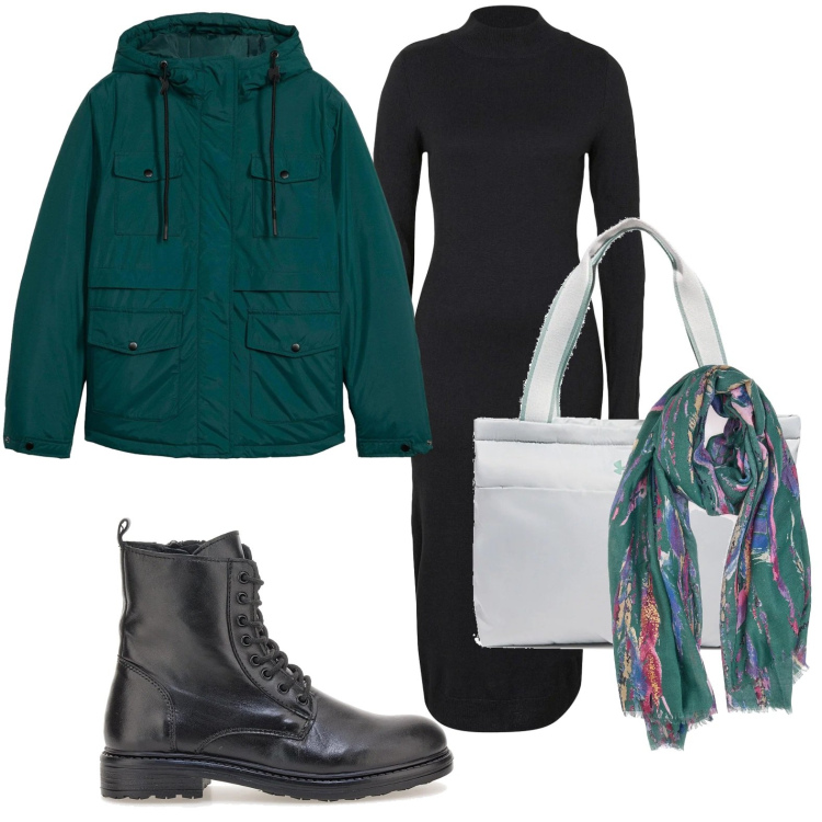 Outfit donna - L\'abito in lana da ufficio. Stile Glamour per Ufficio. Abbinamento con vestiti, blazer, foulard, borse a spalla, anfibi.