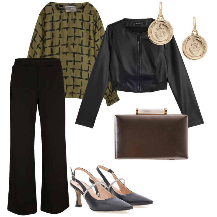 Outfit donna - Serate di festa. per Serata fuori. Abbinamento con pantaloni a palazzo, bluse, clutch, giacche, orecchini, décolleté.