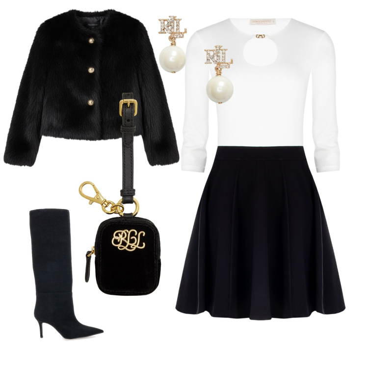 Outfit donna - Festa glamour con gli amici.. Stile Glamour per Serata fuori. Abbinamento con vestiti corti, ecopellicce, pochette, orecchini, stivali.