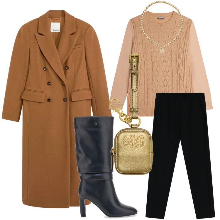 Outfit donna - Il cappotto classico. Stile Minimal per Serata fuori. Abbinamento con cappotti, pantaloni, maglieria, collane, pochette, stivali.