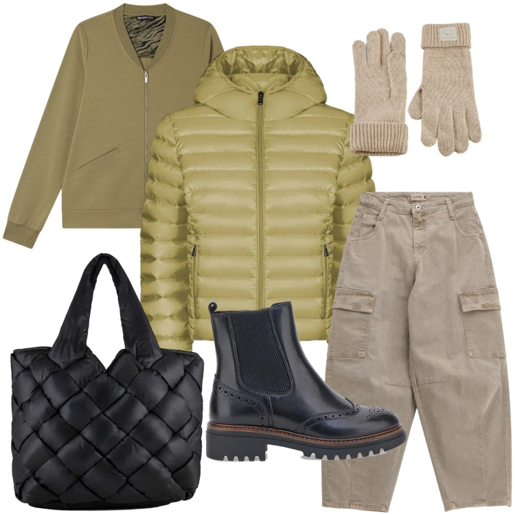 Outfit donna - La borsa di tendenza. Stile Minimal per Tutti i giorni. Abbinamento con pantaloni chino, felpe, bomber, borse tote, guanti, stivaletti chelsea.