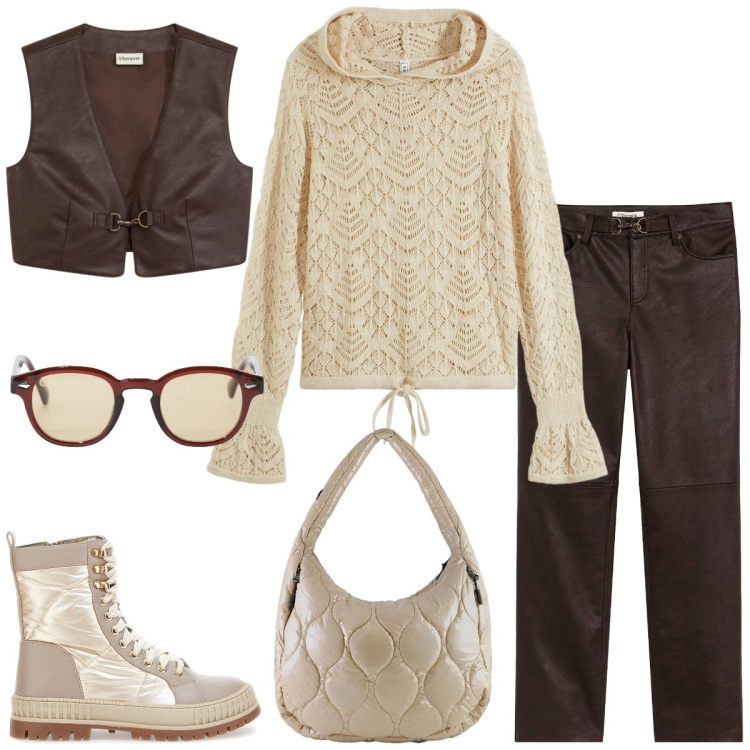 Outfit donna - Università. Stile Casual chic per Scuola/Università. Abbinamento con maglieria, gilet, pantaloni, occhiali da sole, borse tote, stivaletti.