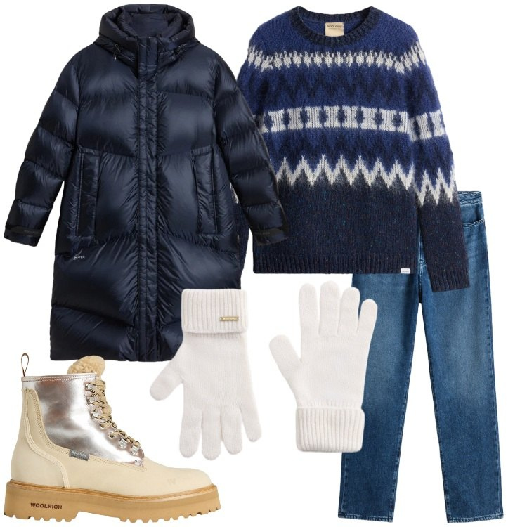 Outfit donna - Holiday Heritage. Stile Casual per Tutti i giorni. Abbinamento con jeans, anfibi, guanti, maglieria, piumini.