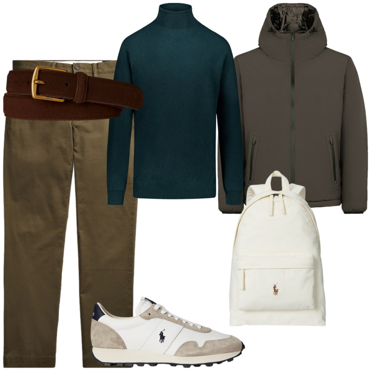 Outfit uomo - In città. per Tutti i giorni. Abbinamento con giacche, sneakers, borse sportive, cinture, pantaloni, maglieria.