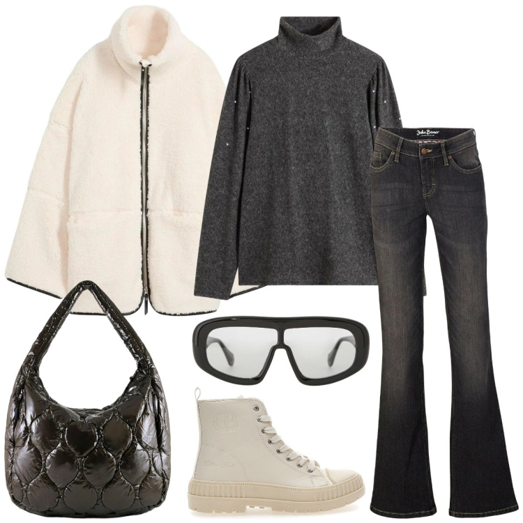 Outfit donna - In città. Stile Casual per Tutti i giorni. Abbinamento con jeans bootcut, blazer, maglieria, occhiali da sole, borse tote, stivaletti.