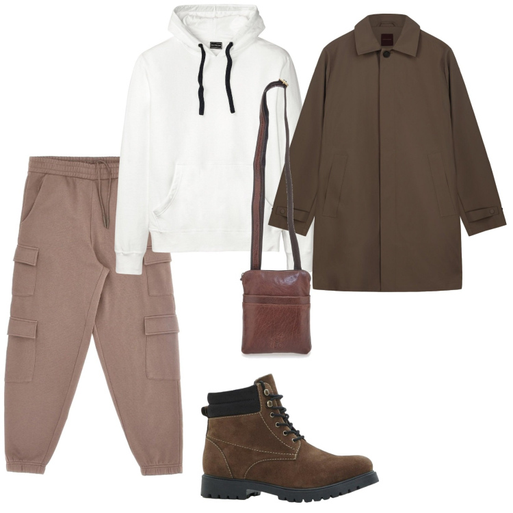 Outfit uomo - Urban. per Tutti i giorni. Abbinamento con felpe con cappuccio, stivali e stivaletti, borse sportive, trench, pantaloni cargo.