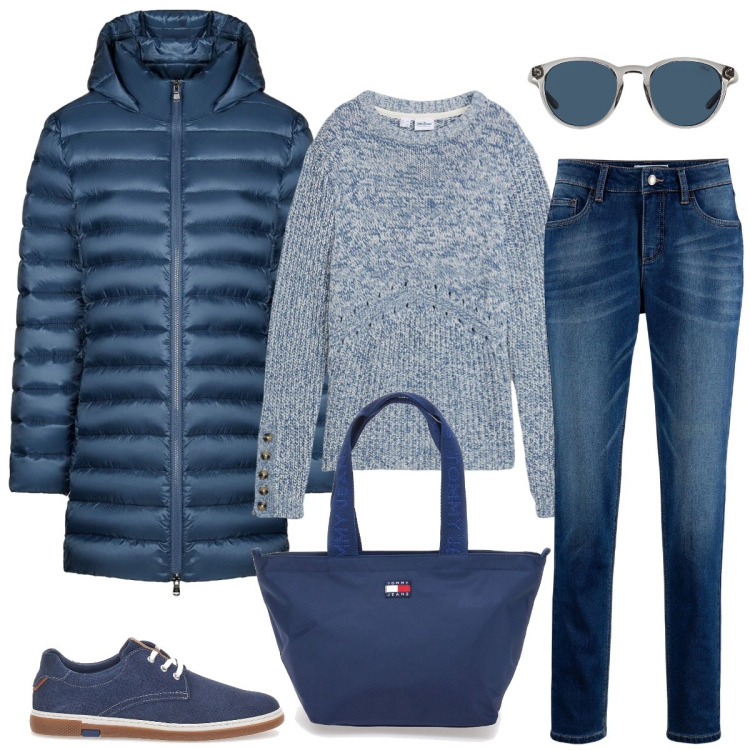 Outfit donna - Università. Stile Casual per Scuola/Università. Abbinamento con maglieria, jeans boyfriend, occhiali da sole, piumini, scarpe stringate, borse tote.