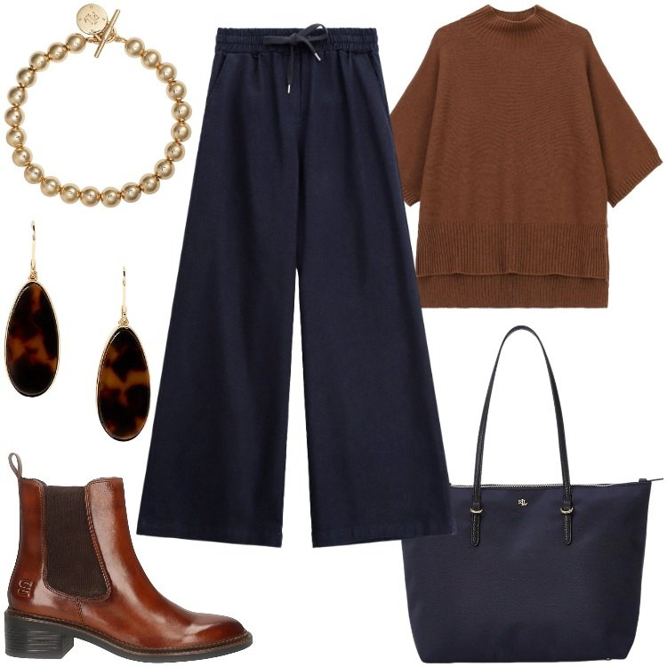 Outfit donna - Jeans Comodi per un Giro in Città. Stile Trendy per Tutti i giorni. Abbinamento con jeans, maglieria, borse tote, braccialetti, orecchini, stivaletti chelsea.