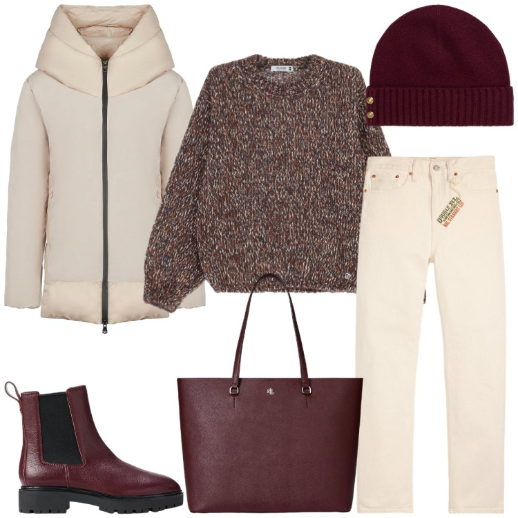 Outfit donna - Università. Stile Casual per Scuola/Università. Abbinamento con maglieria, jeans dritti, stivaletti chelsea, berretti, borse tote, piumini.