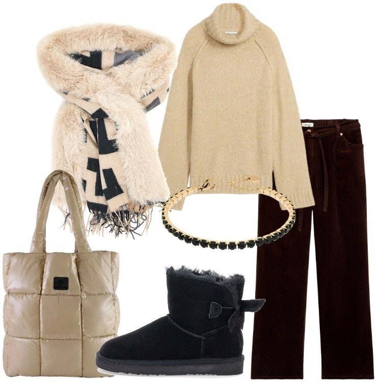 Outfit donna - La mantella avvolgente. Stile Trendy per Tutti i giorni. Abbinamento con pantaloni, maglieria, braccialetti, shopping bag, cappe, stivaletti.