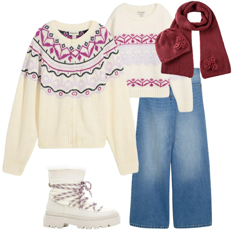 Outfit donna - Xmas Mood. Stile Casual per Tutti i giorni. Abbinamento con cardigans, jeans, sciarpe, stivali da neve, maglieria.