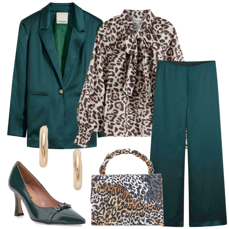 Outfit donna - Total look #2299023. Stile Chic per Serata fuori. Abbinamento con pantaloni a palazzo, camicie, blazer, orecchini, pochette, décolleté.