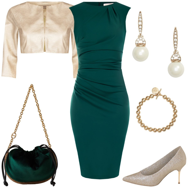 Outfit donna - Total look #2299025. Stile Chic per Serata fuori. Abbinamento con vestiti a tubino, bolero, décolleté, borse a spalla, braccialetti, orecchini.